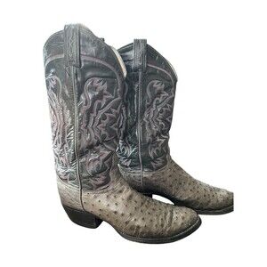 Vintage Tony Lama Mens Cowboy Boots Full Quill Ostrich 8610 Gray Size 7.5 E READ